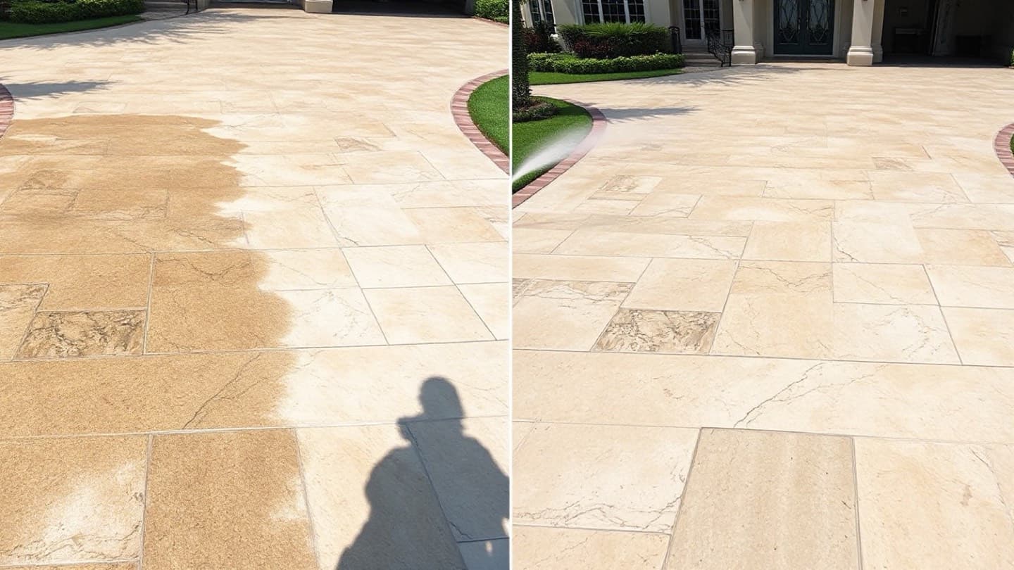 A luxury travertine estate driveway mid-clean — algae-stained on the left, restored and spotless on the right